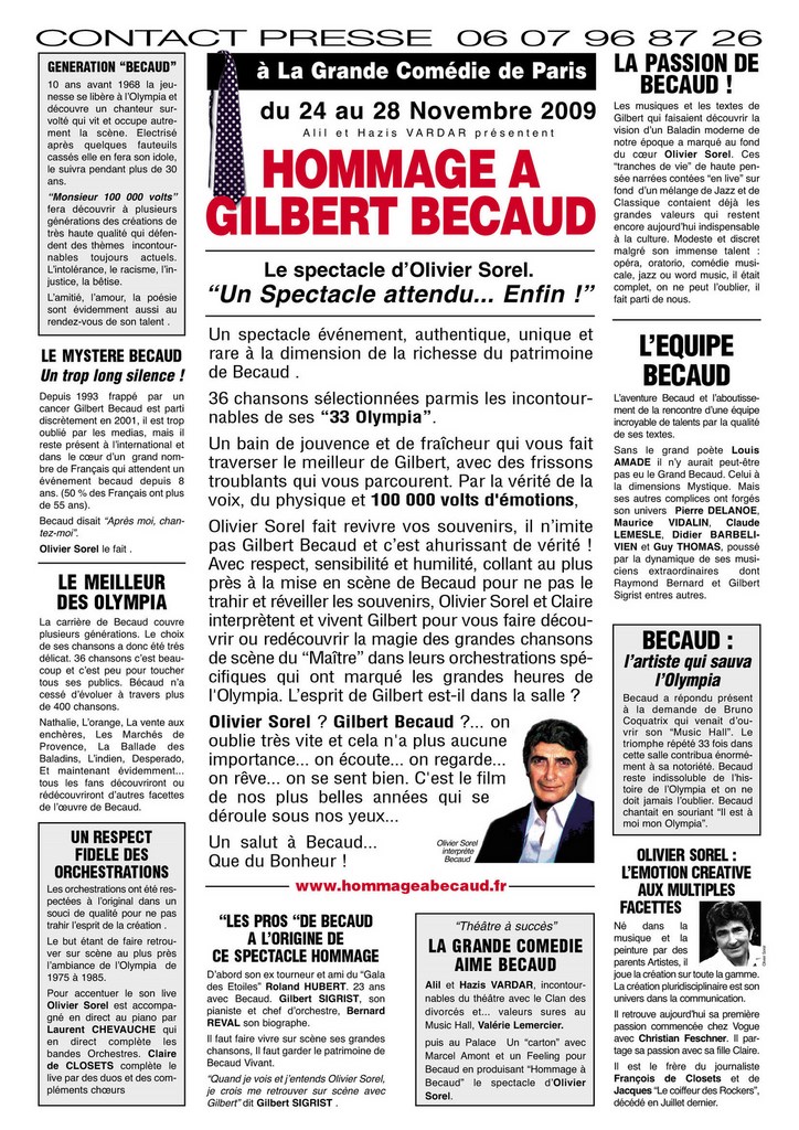 Dossier Presse spectacle Hommage à Gilbert Bécaud d'Olivier Sorel